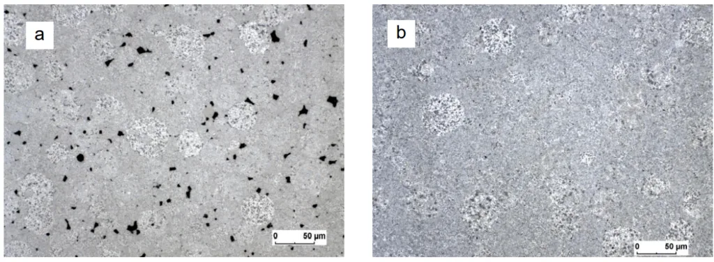 Figure 2. Optical micrographs of cross-sections at different radial positions in the middle of a SPS processed pre-compacts (a – close to the lateral shell, b – in the centre of the material).