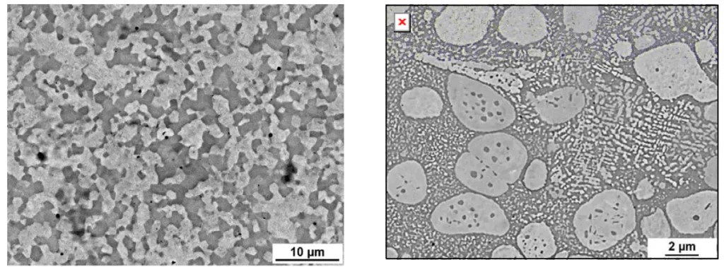 Fig. 4. Microstructures of a consolidated MA sample (left) and a gas-atomized sample (right) with composition Mo–9Si–8B [10]. The Mo matrix is the brightest appearing phase, and the grey and dark grey appearing phases are Mo3Si and Mo5SiB2, respectively. 