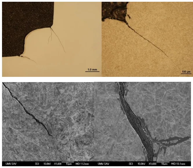 Fig.5 Cracks in the zones of sharp transitions of the surfaces of
shaped parts of the mold (light and electron microscopy)