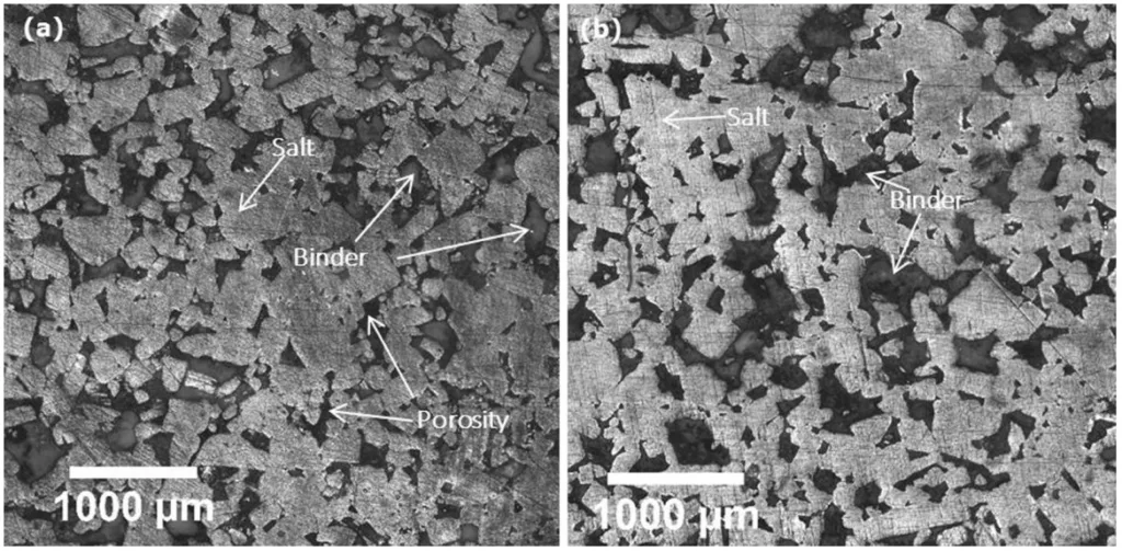 Fig. 7. Optical microscope images of cross sections of the NT Cores having 8 wt% binder content and processed under 170 bar at (a) 120 °C for 10 min (porosity:16%) and (b) 190 °C for
10 min (porosity: 10%).