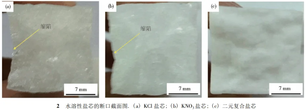 Fig. 2 Fracture macrographs of WSSC: ( a) KCl WSSC; ( b) KNO3 WSSC; ( c) binary composite WSSC