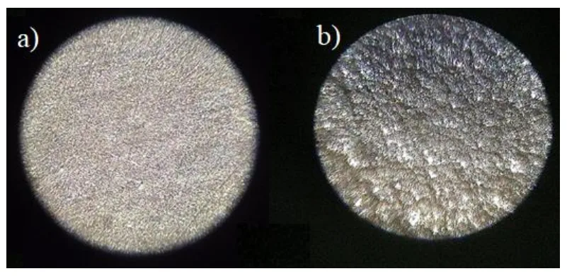 Figure 6.1 Optical microscope image of the reference sample (a) and the one sandblasted
under 5 bar for 1 minute (b); magnification is equal to 180. A change in surface topology
can be observed due to increased roughness caused by sandblasting.