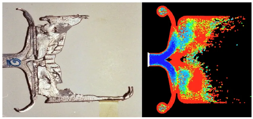 Figure 6: Short shot: experiment (left), simulation (right).