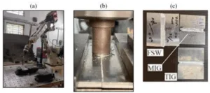 Fig. 1 Experimental work: (a) Automatic MIG welding; (b) FSW process; (c) Three welded plates