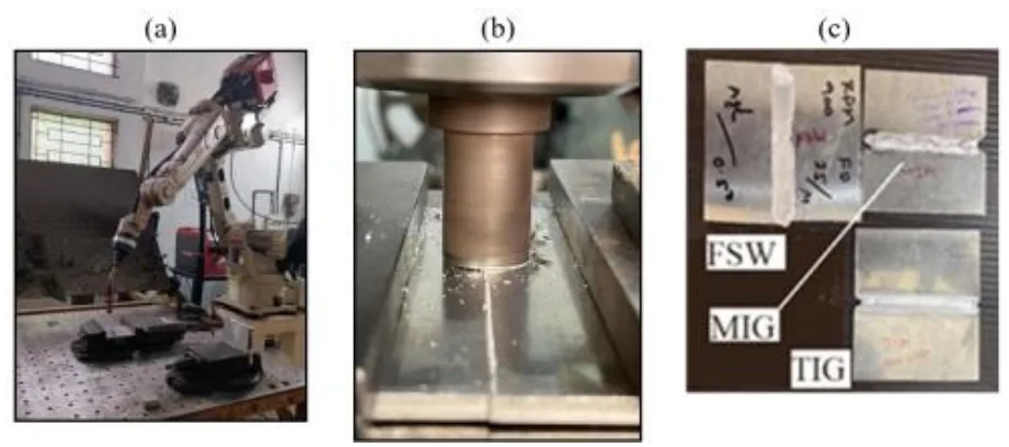 Fig. 1 Experimental work: (a) Automatic MIG welding; (b) FSW process; (c) Three welded plates