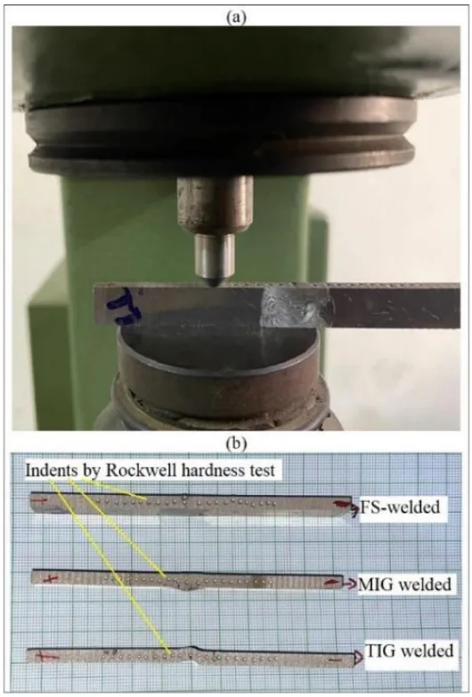 Fig. 3 Rockwell hardness testing: (a) Image during indentation
at a gap of 2 mm; (b) The tested specimens