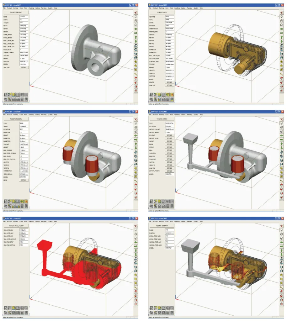 Fig. 2 Casting methoding and simulation program showing part model import,
core design, feeding and gating design, and casting simulation