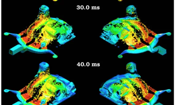 Fig. 1. Filling of differential cover with the molten metal coloured by speed with blue being slow and red being fast. The casting is shown in top view on the left and bottom view on the right. (For interpretation of the references to colour in this figure legend, the reader is referred to the web version of this article.)