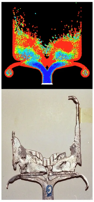 Fig. 6. Short shot with 25% volume fill: simulation (top) with colour representing viscosity, blue being low and red high; and experiment (bottom). For TDIE = 27 C and liquid metal super-heat TAL = 0 C. (For interpretation of the references to colour in this figure legend, the reader is referred to the web version of this article.)