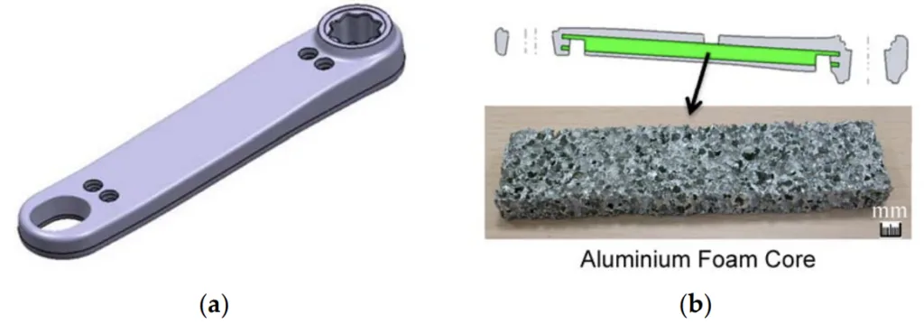 Figure 2. (a) 3D rod design; and (b) detail of the placement and example of an aluminium foam core