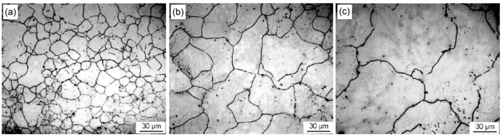 Fig. 4: Optical micrograph showing grain size of specimens with 6 mm (a), 10 mm (b) and
20 mm (c) section thickness