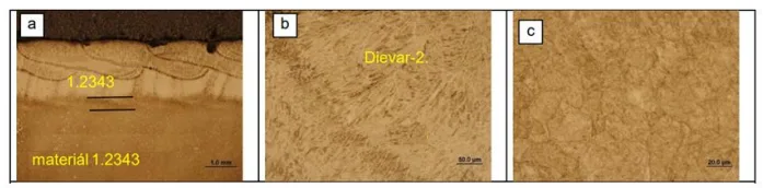 Fig.2 Material 1.2343-Dievar, a) disposition; b) detail of the outline; c) background material