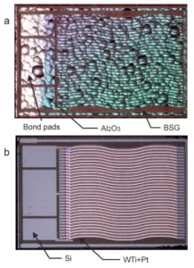 Figure 1. Thermogenerator: (a) view from the structured side, (b) view through the transparent BSG-substrate.