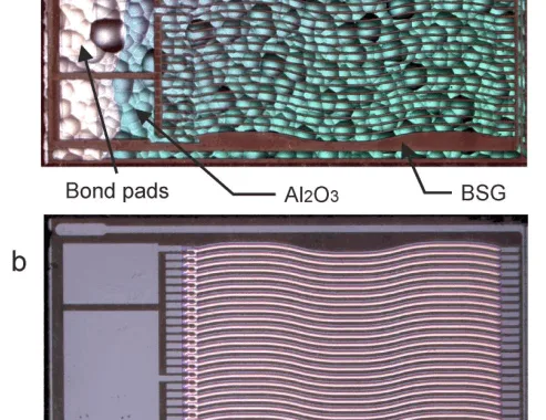 Figure 1. Thermogenerator: (a) view from the structured side, (b) view through the transparent BSG-substrate.