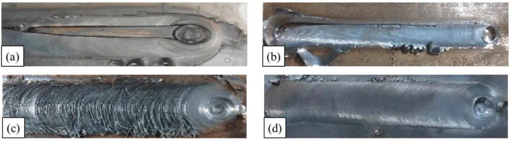 Figure 1.10 Appearance of FSW joints (a) poor quality due to excessive wear of tool pin; (b)
poor quality due to improper consolidation; (c) poor quality due to excessive flash; (d) high
quality [104]