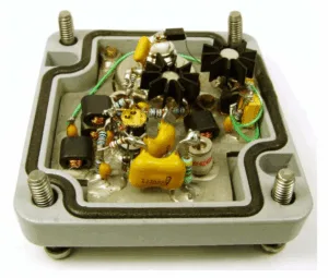 Figure 2.19 Point to point wiring of the active antenna. The two yellow series connected silver mica capacitors are in the foreground