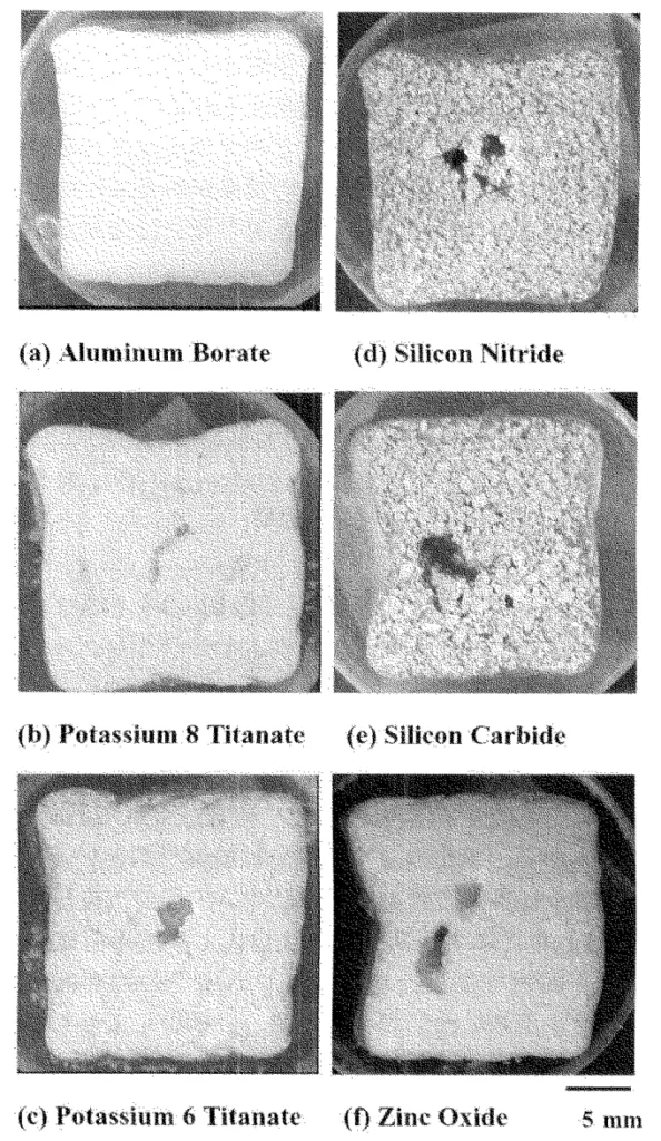 Fig.11 Macro structure of potassium chloride cores show effect of whisker materials on dispersion.