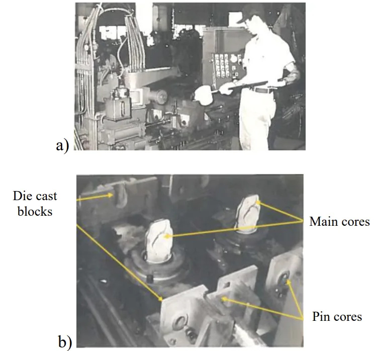 Fig. 1. Old method of casting pistons: a) manual casting; b) single permanent mould casting machine [7]