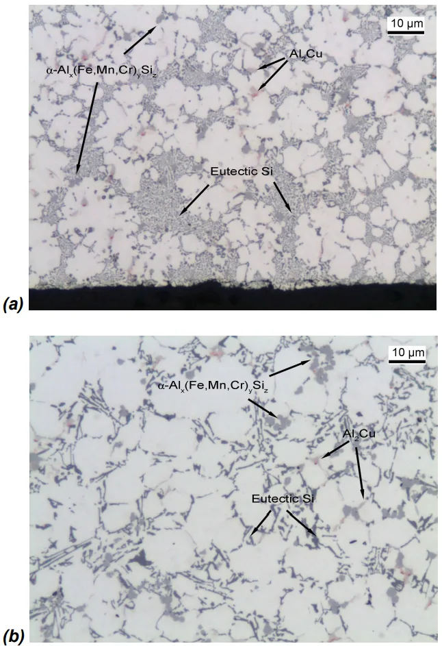 Fig. 4. Eutectic Si particles in the analysed AlSi9Cu3(Fe) alloys. Micrographs refer to (a) the impact surface and (b) the centre of the diecast impact bars.