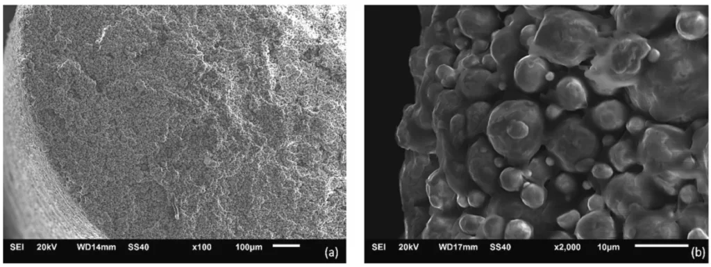 Fig. 2. SEM micrographs of the copper filament. Details of (a) cylindrical filament, and (b) spherical copper powder and binder coating