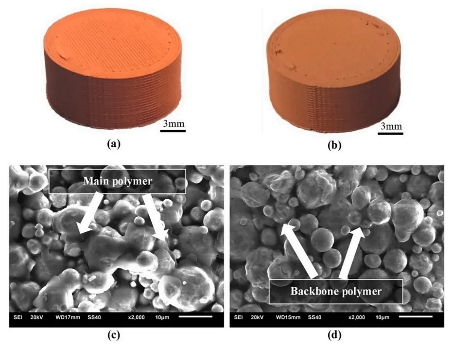 Fig. 4. Cylindrical components in (a, c) green state, and (b, d) washed state after solvent debinding