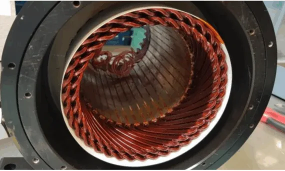 Fig. 2. Hairpin winding stator assembly and end winding detail for a four conductor/slot configuration (courtesy of Tecnomatic S.p.A.).