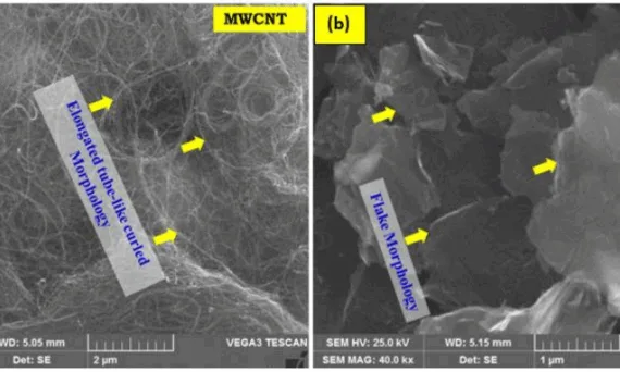 Figure 1. SEM morphologies of reinforcement materials: (a) MWCNT Nano-powder and (b) Graphene Nano-powder in pristine state.