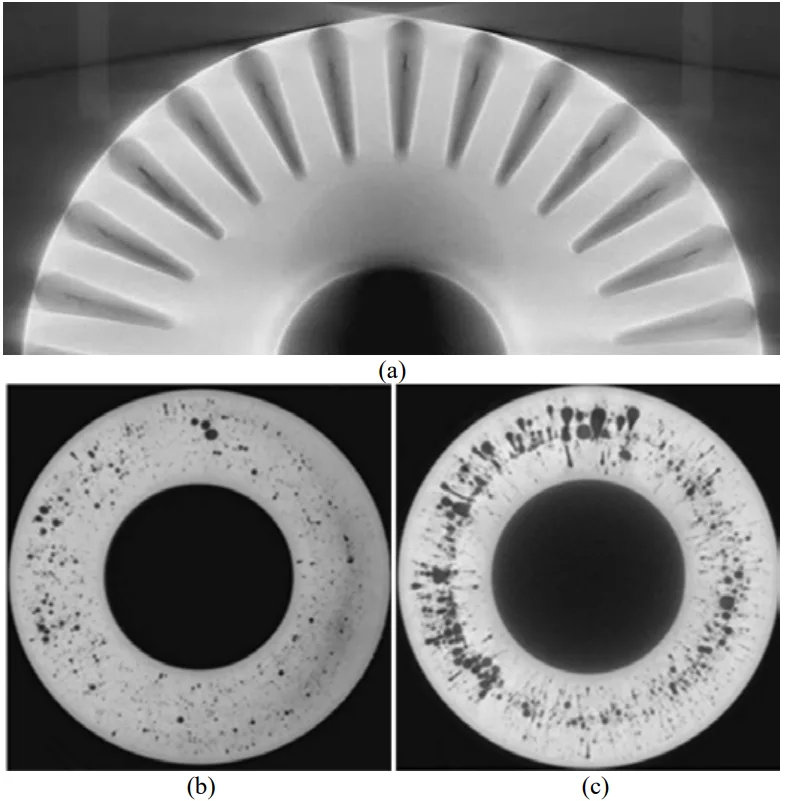 Fig. 3 X-ray scan of (a) rotor bars in the center of the slot (in the axial direction), (b) axial center of end ring, and (c) end ring near the rotor core for a 440 V, 1.5 kW Al die cast induction motor