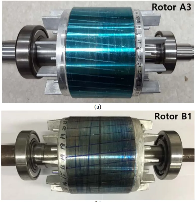 Fig. 11 (a) 44 bar semi-open slot (rotor A3) and (b) 28 bar closed slot
aluminum die cast (rotor B1) rotors used for porosity testing