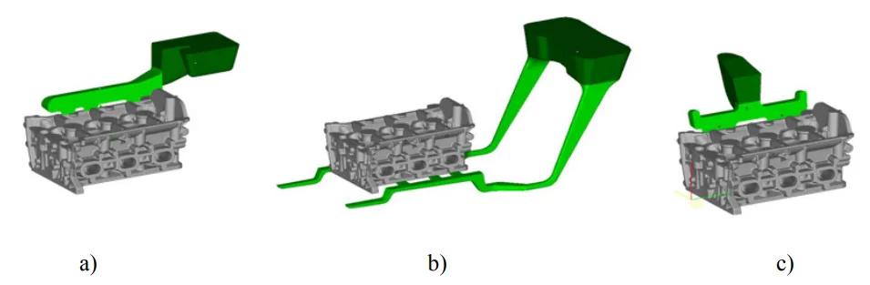 Fig. 3-2 Example of cylinder heads with gating system poured by gravity a) top casting b)
bottom casting and c) tilt casting [15]
