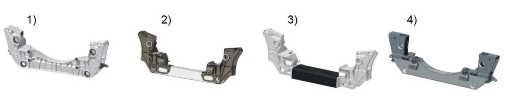 Fig. 1 - Cross beams: -1) HPDC aluminum, 2) LPDC and extruded aluminum, 3) LPDC and CFRP, 4) Extruded aluminum