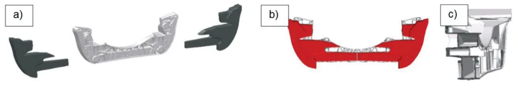Fig. 2 - a) Sliders layout b) Cross beam hollowed longitudinal section c) remarkable hollow sections