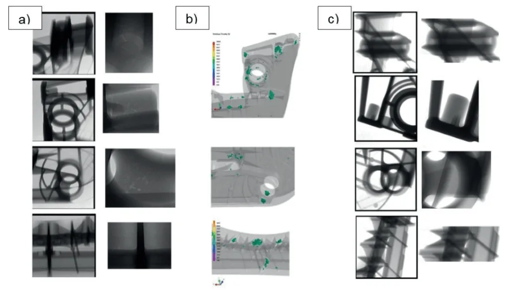 Fig. 4 - Porosity identify by a) X-ray on components from the first experimental activity, b) FEM simulations, c) X-ray on components from the final experimental activity (optimization of process parameters)