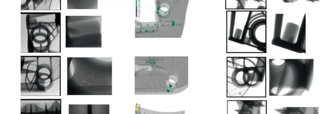 Fig. 4 - Porosity identify by a) X-ray on components from the first experimental activity, b) FEM simulations, c) X-ray on components from the final experimental activity (optimization of process parameters)