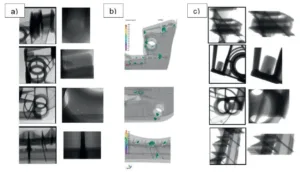Fig. 4 - Porosity identify by a) X-ray on components from the first experimental activity, b) FEM simulations, c) X-ray on components from the final experimental activity (optimization of process parameters)