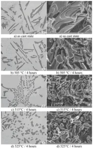 Fig. 5. Effect of solution treatment conditions on morpho-logy of eutectic Si, etch. Dix-Keller Fig. 6. Morphology of eutectic Si after deep-etching, etch. HCl, SEM