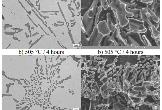 Fig. 5. Effect of solution treatment conditions on morpho-logy of eutectic Si, etch. Dix-Keller Fig. 6. Morphology of eutectic Si after deep-etching, etch. HCl, SEM