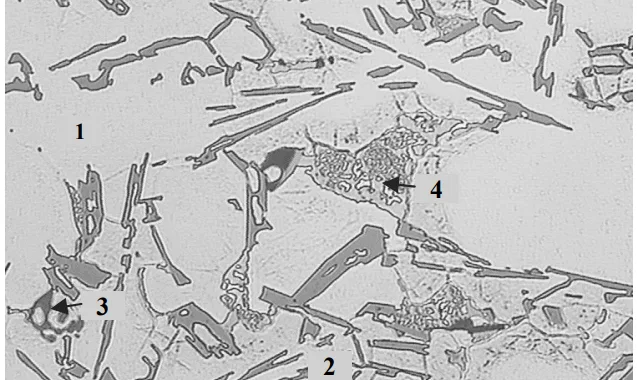 Fig. 4. Microstructure of secondary AlSi9Cu3 cast alloy (1 - Į-phase, 2 - eutectic, 3 - Fe-rich phase, 4 - Cu-rich phase) etch. Dix-Keller