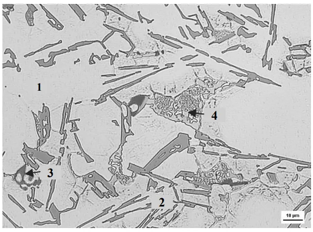 Fig. 4. Microstructure of secondary AlSi9Cu3 cast alloy
(1 - Į-phase, 2 - eutectic, 3 - Fe-rich phase, 4 - Cu-rich phase)
etch. Dix-Keller 