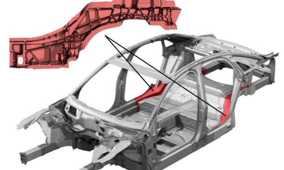 Figure 1.1.1: Application of two high pressure die-casting components made of the aluminium alloy Castasil-37 in the car body of the current Audi A8 (third generation (D4), production 2010 - present).