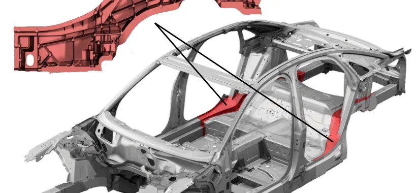 Figure 1.1.1: Application of two high pressure die-casting components made of the aluminium alloy Castasil-37 in the car body of the current Audi A8 (third generation (D4), production 2010 - present).