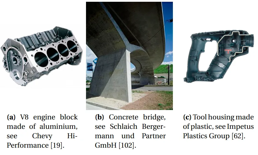 Figure 2.0.1: Examples of casting products made of metal, concrete and plastic.