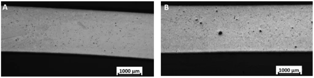 Fig.1 - Optical micrographs showing the porosities in the F (a) and T6 samples (b).