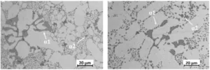 Fig.4 - Microstructure and α1- AlSiMnFe and α2- AlSiMnFe intermetallics in the F (a) and T6 (b) samples.
