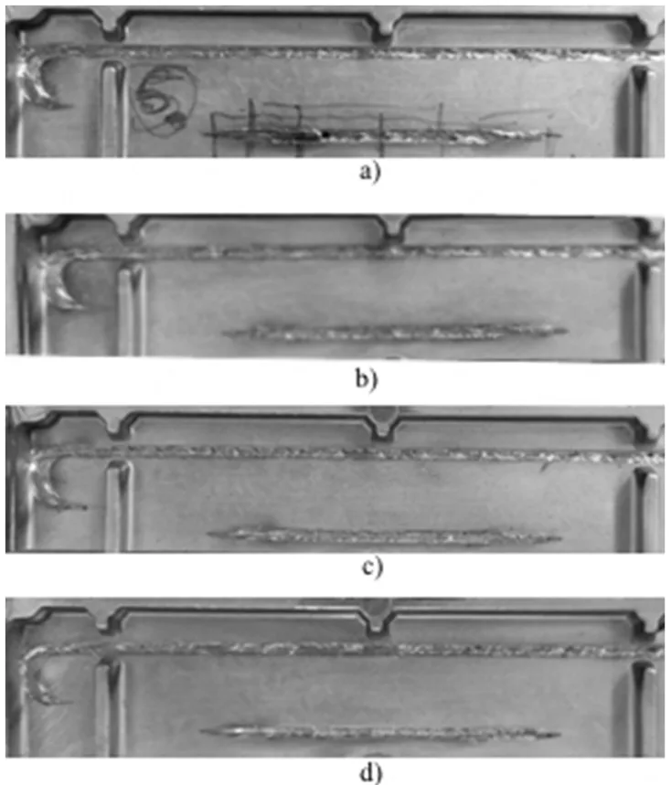 Fig. 5. Surface of the weld joints contaminated by different
fluids a) piston lubrication fluid; b) mould agent; cutting
fluid; d) detergent.