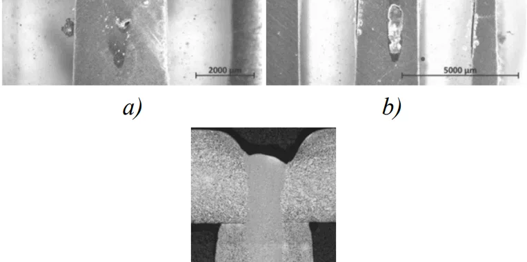 Fig. 6. Comparison of weld joint macrostructure a) with cutting fluid; b) piston lubrication fluid; c) without contamination