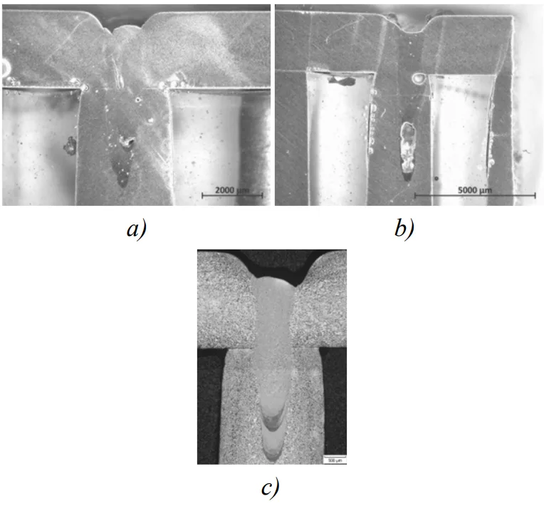 Fig. 6. Comparison of weld joint macrostructure a) with
cutting fluid; b) piston lubrication fluid; c) without
contamination