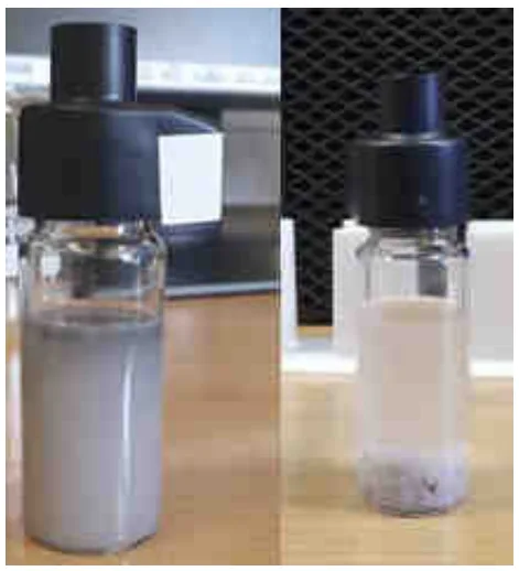 Fig. 9. Comparison of raw emulsion (left) and separated coolant (right) (pH = 10, demulsifier concentration 1 %, stirrer speed 500 rpm, stirring time 10 min)