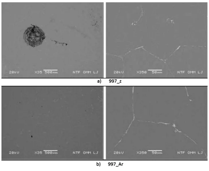Figure 7: SEM microphotograph for: a) 997_z and b) 997_Ar