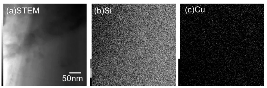 Figure 8. TEM images of die casting Al–Si–Cu–Mg alloy preliminarily aged at 458 K of 600 s and secondarily aged at 423 K for 173 ks: (a) STEM image, (b) EDS map of silicon, and (c) EDS map of copper
